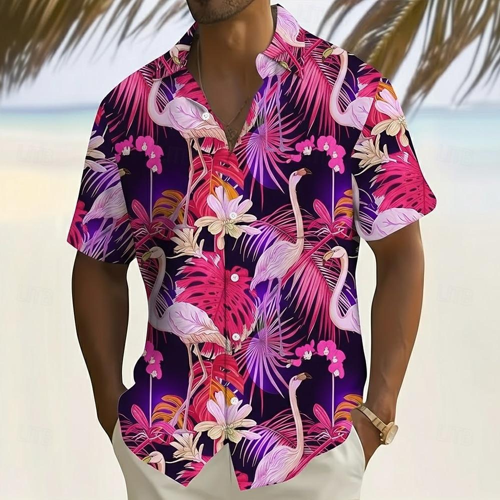 Camicia Hawaiiana da Uomo con Fiori Tropicali, Foglie di Palma, Estate, Bottoni, Aloha, Manica Corta
