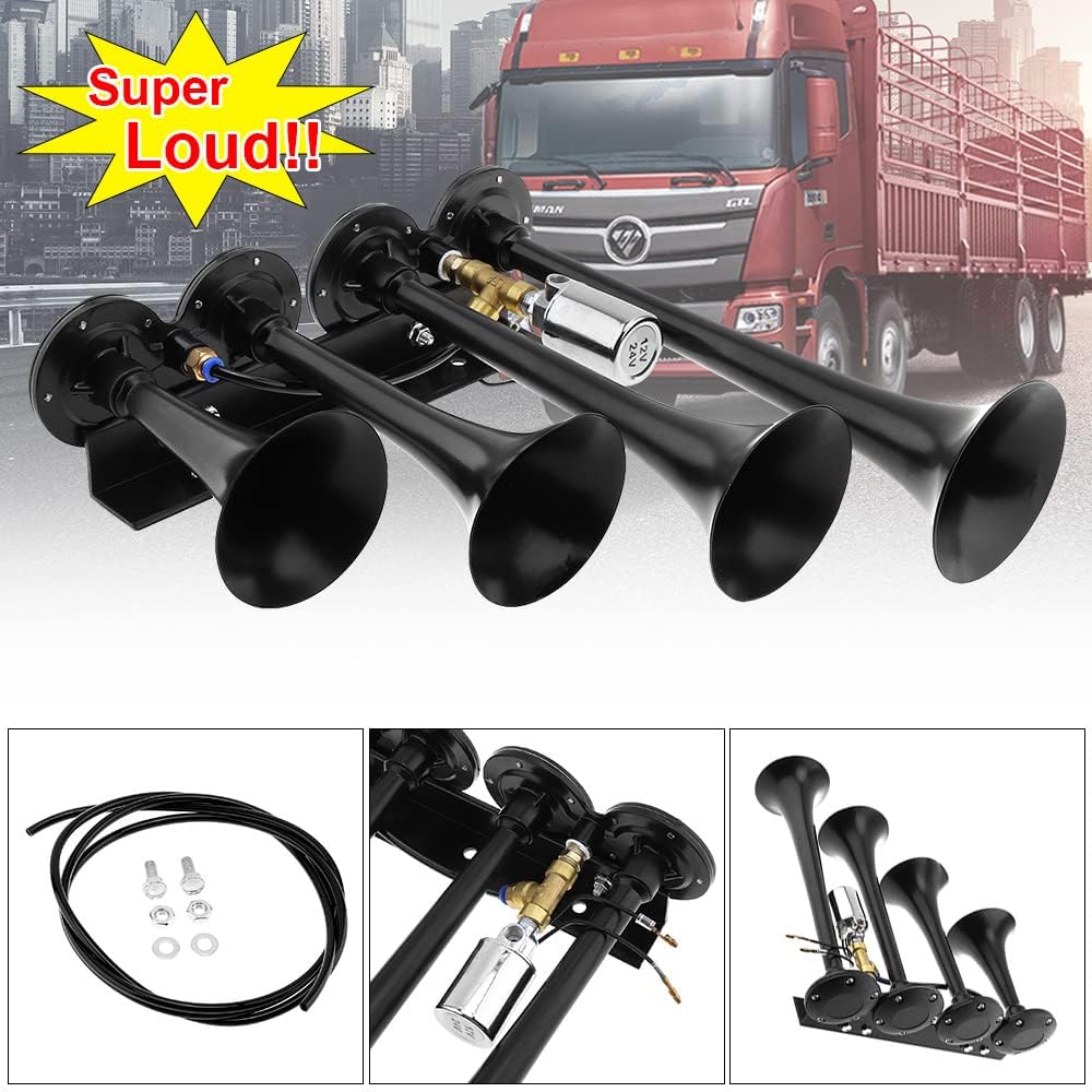 12V / 24V Truck Train Air Horn, 185dB Super Loud Four Trumpet Air Horn for Car Vehicle Truck Train Boat