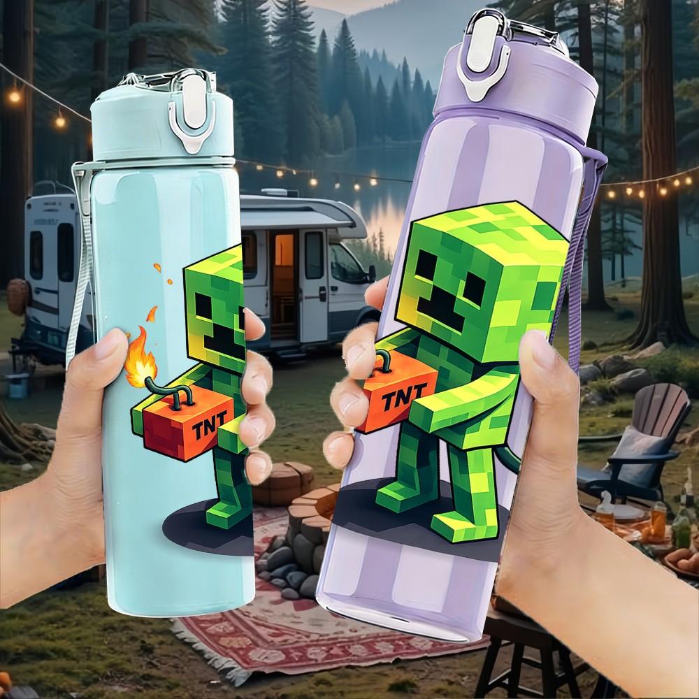 1PC Green Creeper Block Game Character Print 750ml Color Plastic Sports Water Bottle Leakproof Flip Straw Lid Suitable for Sports Office Home Use
