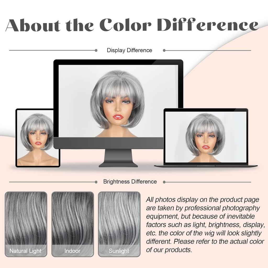 Synthetic Wigs With Bangs Natural Gray Blond Brown Short Wave Fluffy BoBo Wig Women Daily Cosplay Full Head Cover Heat Resistant Fibre