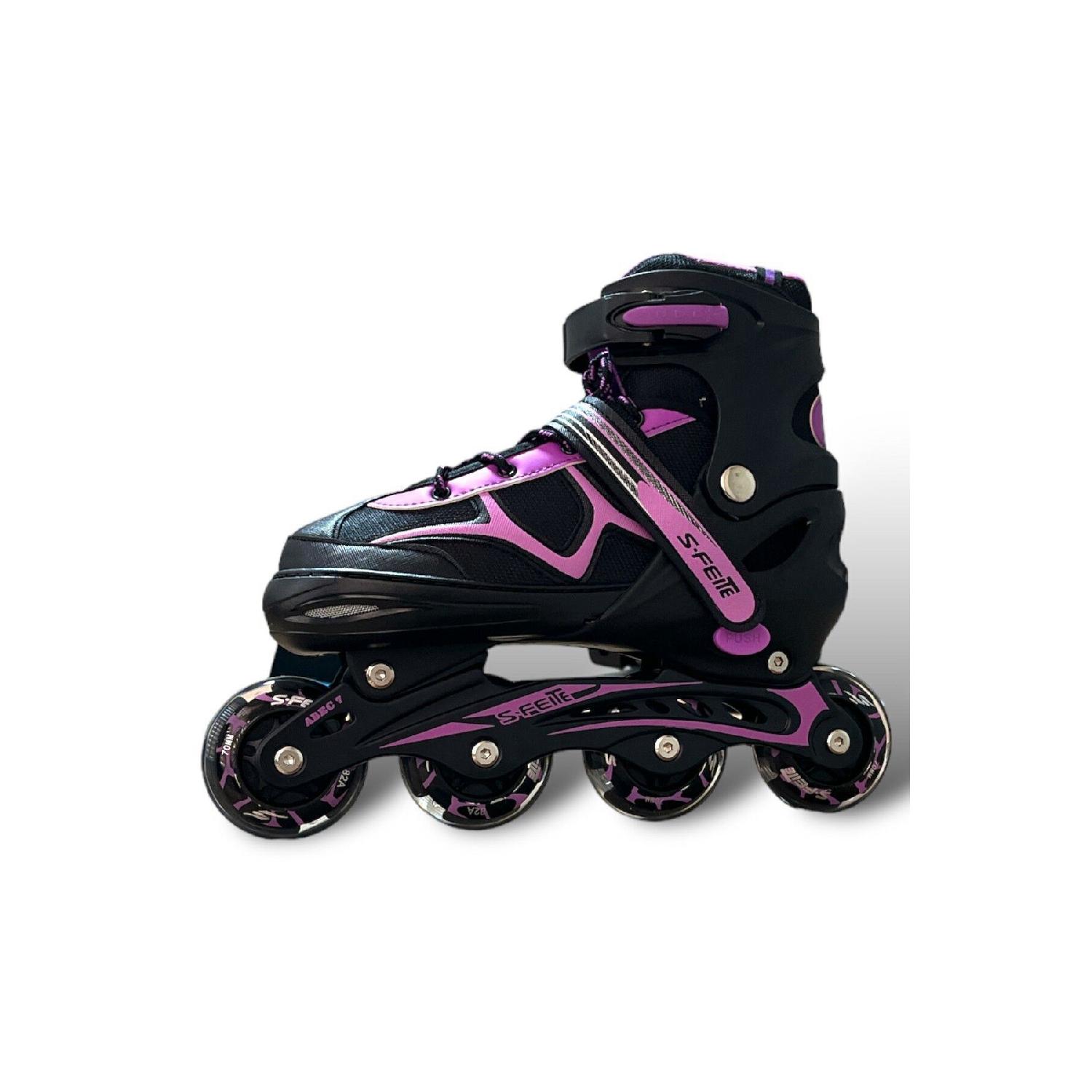 

Коньки с 4 колесами, фонари 2, 2 регулируемые сумки, наколенники для шлема, налокотники, подарок 38-41 фиолетовый