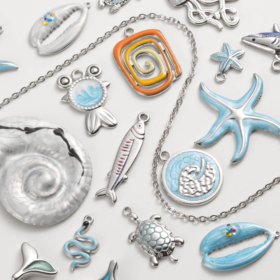 6pcs Enamel Marine Animal Starfish Fish Tail Sea Turtle Stainless Steel Charms For Jewelry Making Bulk Handmade Keychain Pendant