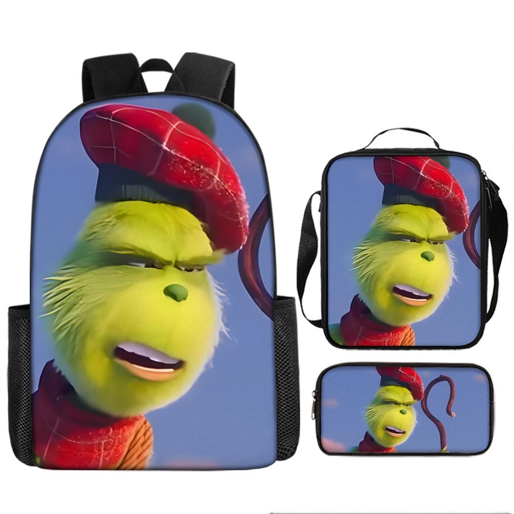 Green Hair Monster Grinch School Bag Campus 12345th and 6th Grade Backpack Lightweight Weight Loss Computer Bag Three-piece Set