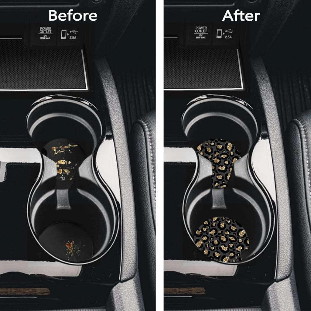 Car Coasters for Cup Holders, 2 Pack Anti Slip Universal Rubber Car Cup Coaster for Women Men, Car Interior Accessories - Black Gold Leopard Print