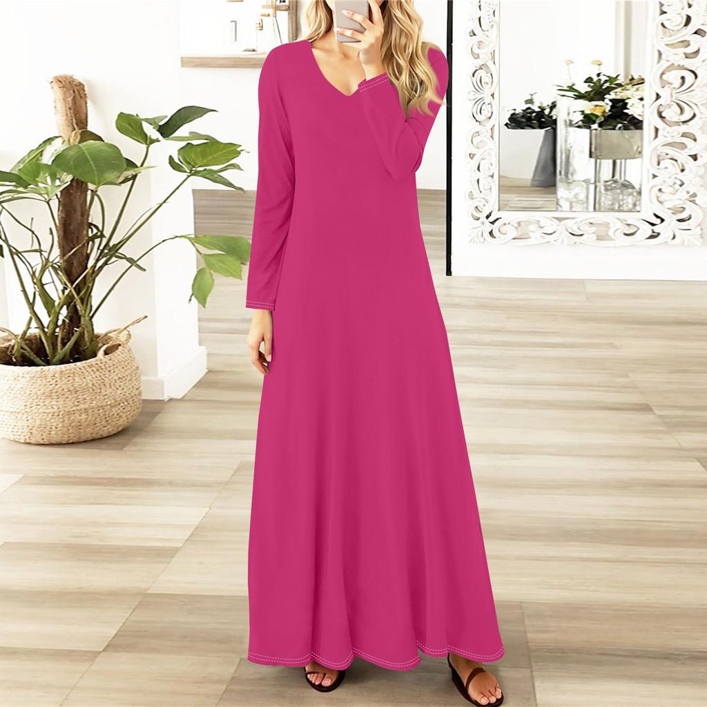 Dámská ležérní móda s dlouhým rukávem jednobarevné vintage dlouhé šaty podzim