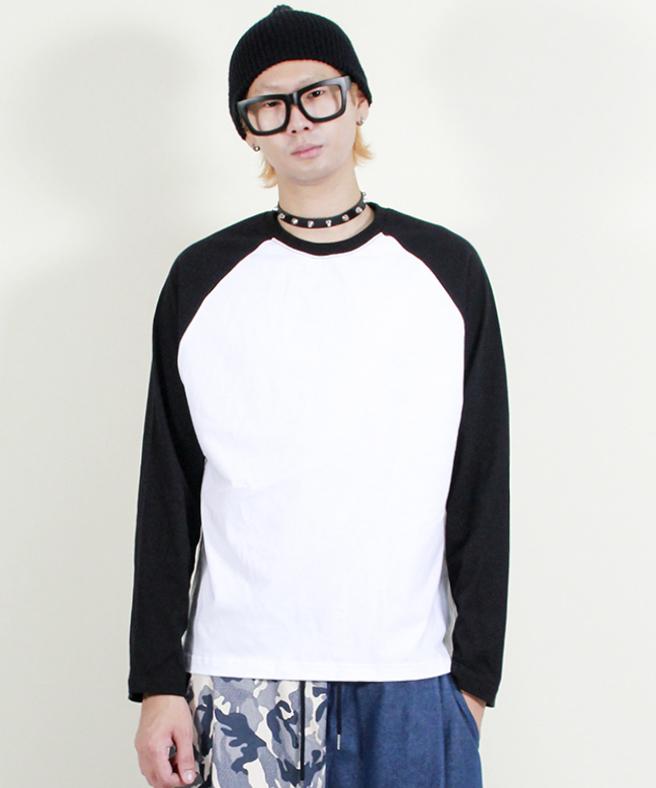 Deumakeu Raglan Color Block Solid Long Sleeve T-Shirt Black & White