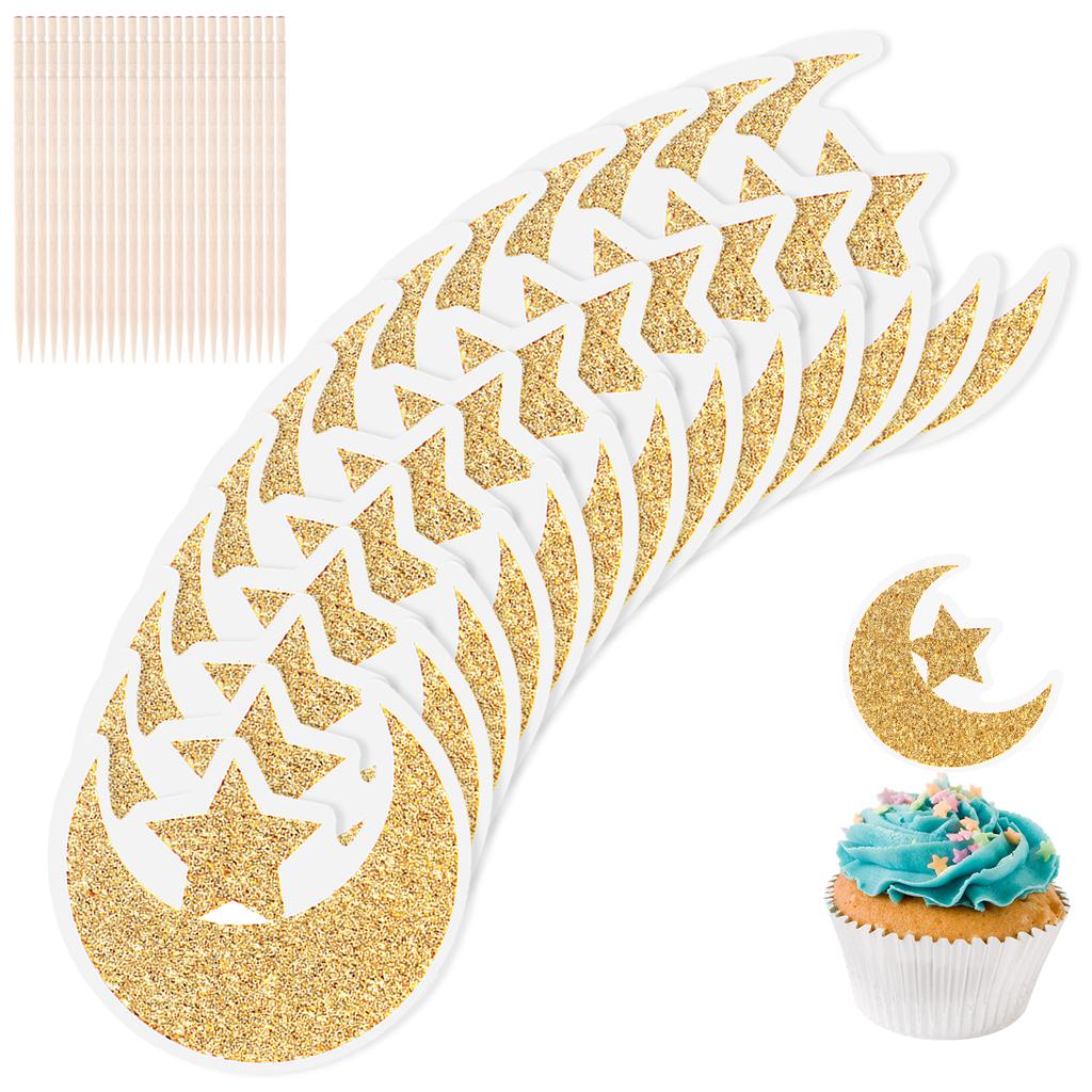 Toppere Scânteietoare Lună Stea pentru Cupcakes Eid Mubarak Toppere pentru Tort Lună Semilună Strălucitoare