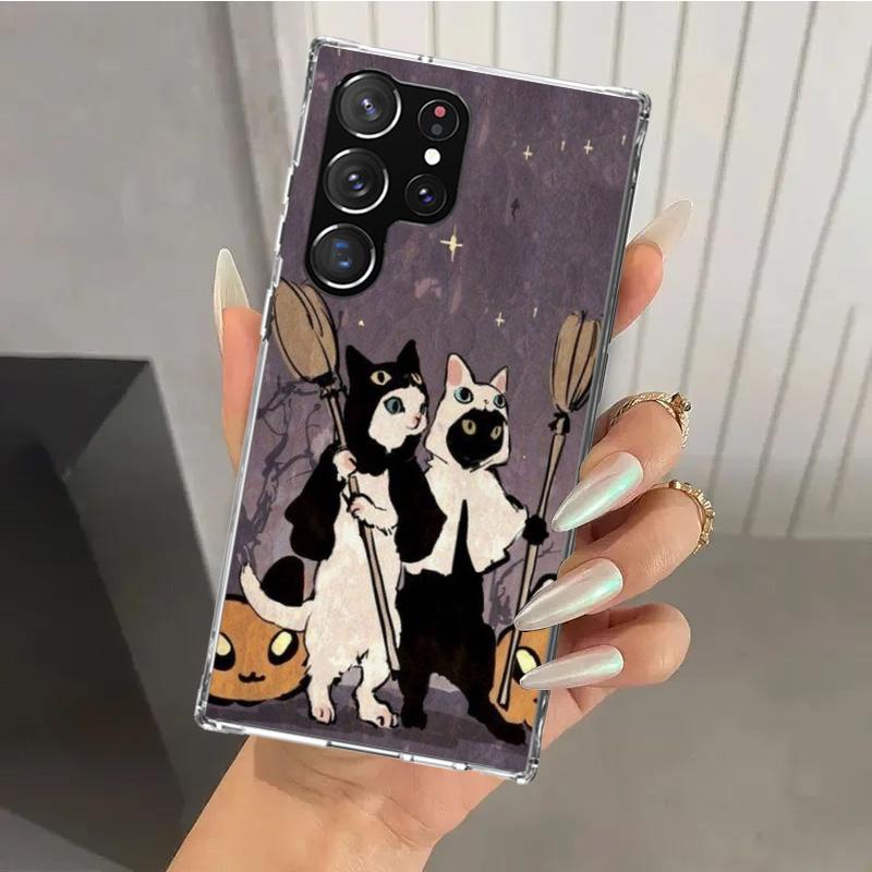 Schwarze Katze Cartoon Niedliche Handyhülle für Samsung Galaxy S26 S24 S23 Ultra S25 Edge S22 S21 Plus S20 FE + Weiche Druckschale Funda Gal