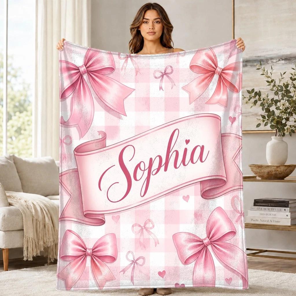 Sophia Ribbon Banner Coral Fleece Blanket Personalized Name Decor