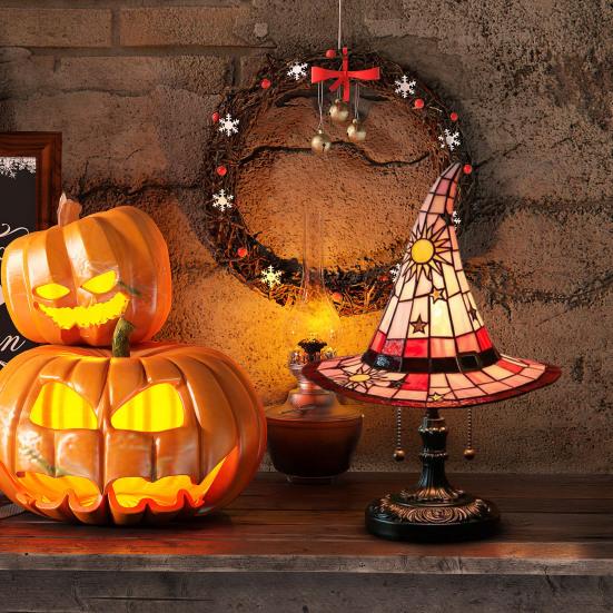 Witch Hat Lamp Stained Glass Resin Wizard Hat Light Spooky Gothic Table Lamp Decorative Standing Light for Indoor Party Haunted Halloween Bedroom