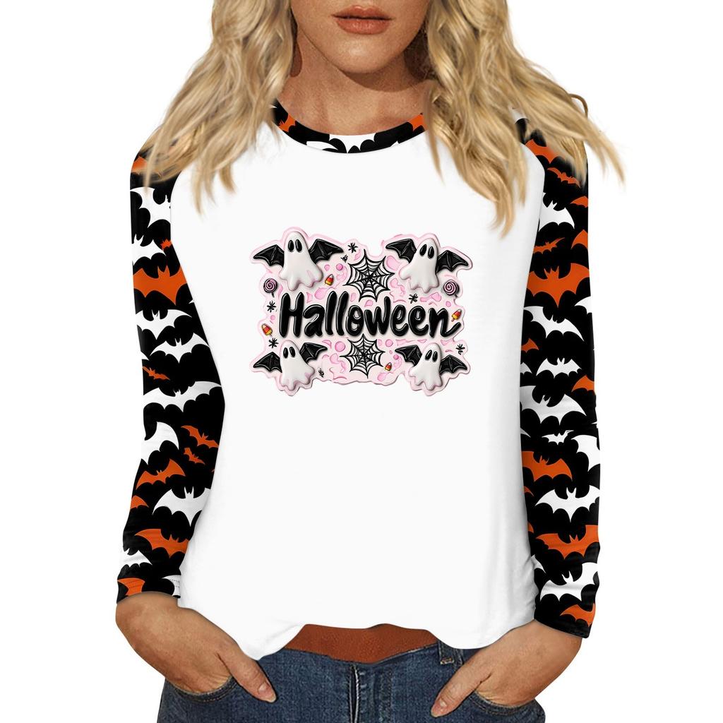 Damen T-Shirt Halloween-Print Langarm Täglich Mode Basic Rundhals Raglanärmel Oberteil