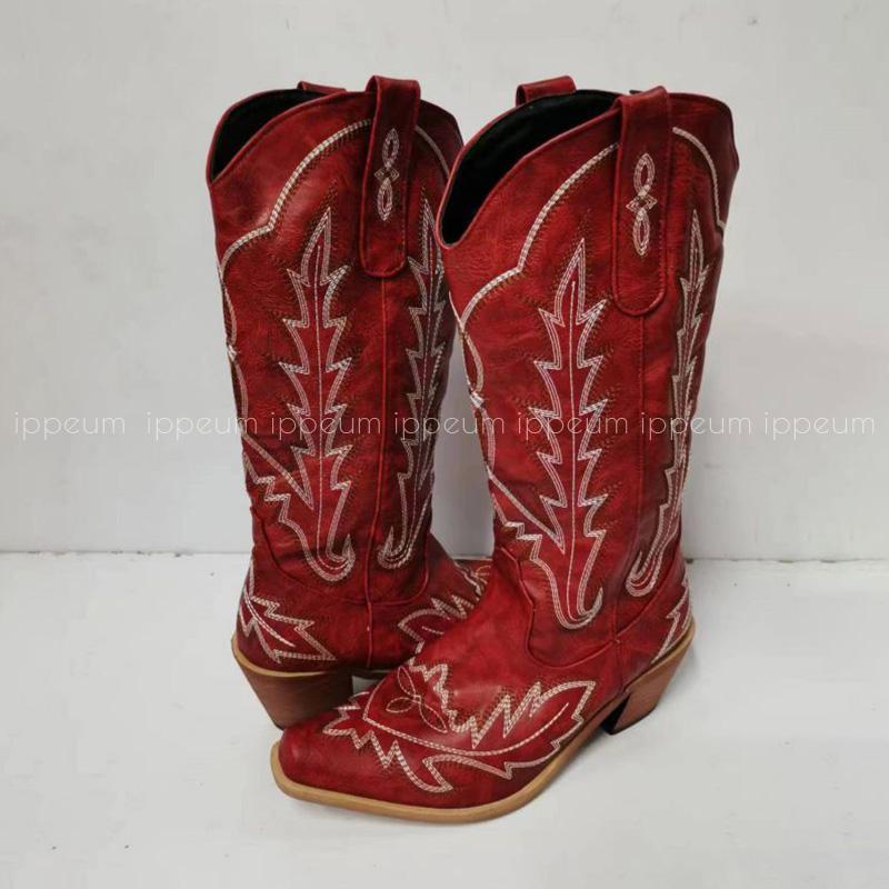 Fashion IPPEUM Red Western Cowboy Boots For Women Embroidered Pointed Toe Shoes Free Shipping Knee High Wide Calf Cowgirl Boots