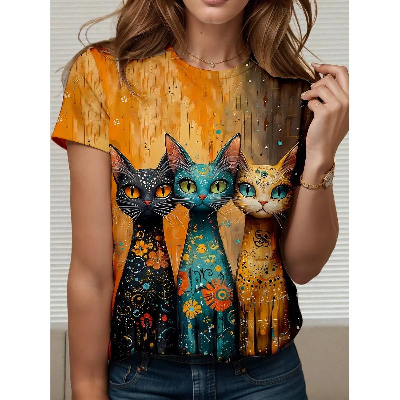 Women s Animal Print Short Sleeve Loose Crew Neck Top Versatile T-Shirts Women’s S