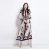 Summer Autumn Women Vintage Print Designer Runway Dress Stand Collar Single Breasted Long Maxi Holiday Party Dresses with Belt