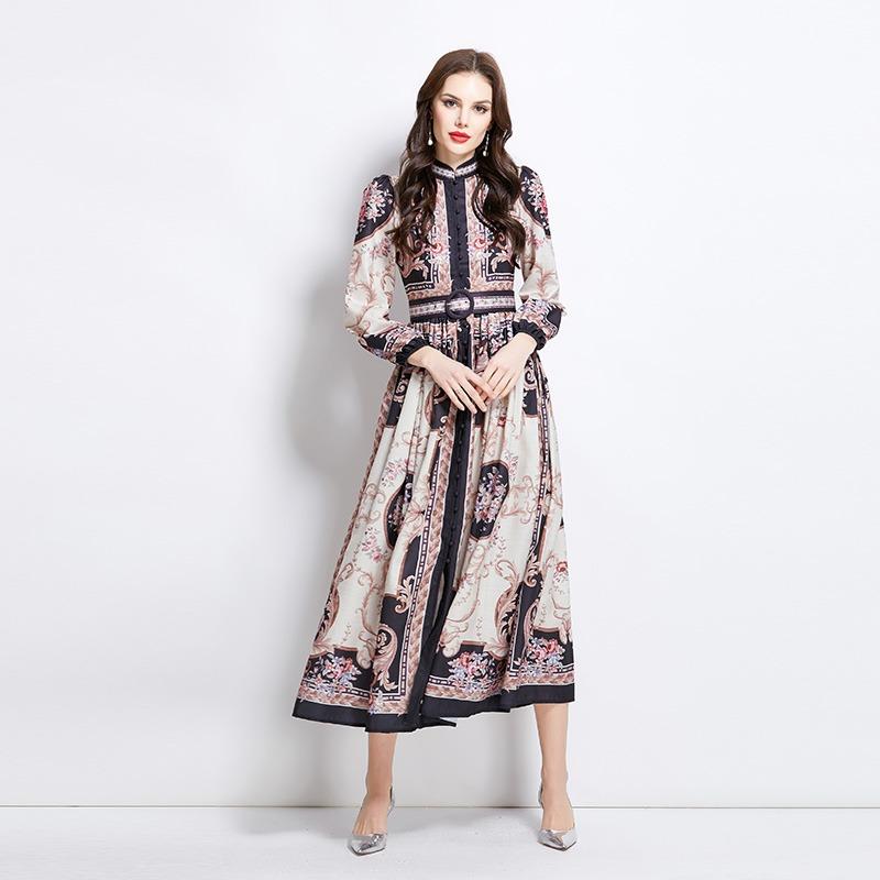Summer Autumn Women Vintage Print Designer Runway Dress Stand Collar Single Breasted Long Maxi Holiday Party Dresses with Belt