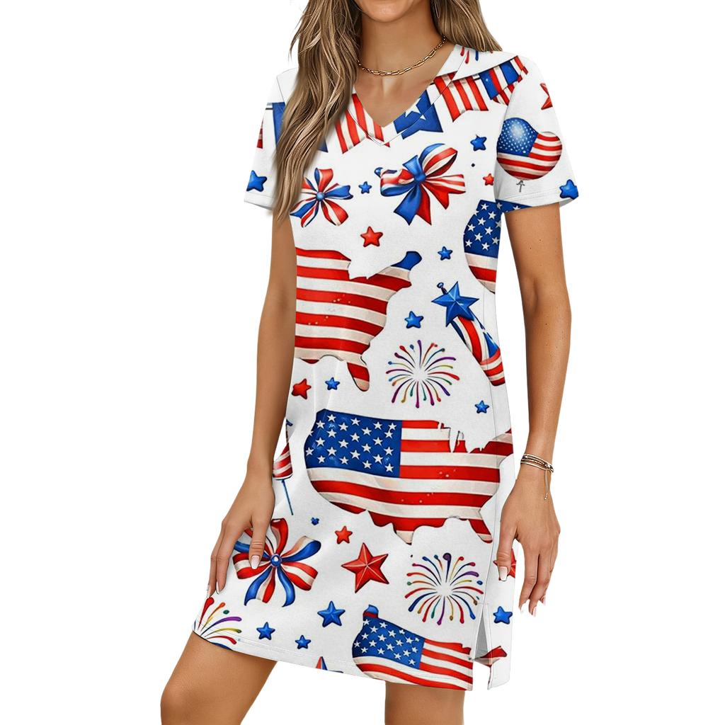 Women's Casual V-neck Short Sleeve Split Hem Independence Day Printed Dress