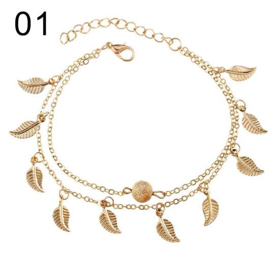 Double Layer Leaves Charm Anklet Foot Chain Summer Women Sandal Ankle Bracelet