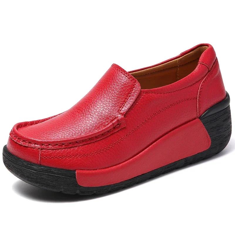 Spring Genuine Leather Casual Shoes Women Lightweight Thick Bottom Wedges Shoes Ladies Non-Slip Height-Increasing Flatform Shoes