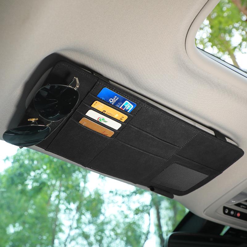 Car Sun Visor Suede Sunglasses Holder Multi-functional Card Holder Storage Pocket Car Interior Glasses Clip Car Accessories