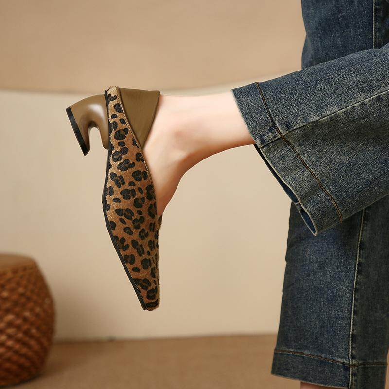 Fashion Women's Soft Suede Glove Shoes Spring Shoes for Women Square Toe Leopard Print High Heels Slip-On Comfortable Nude Mocha