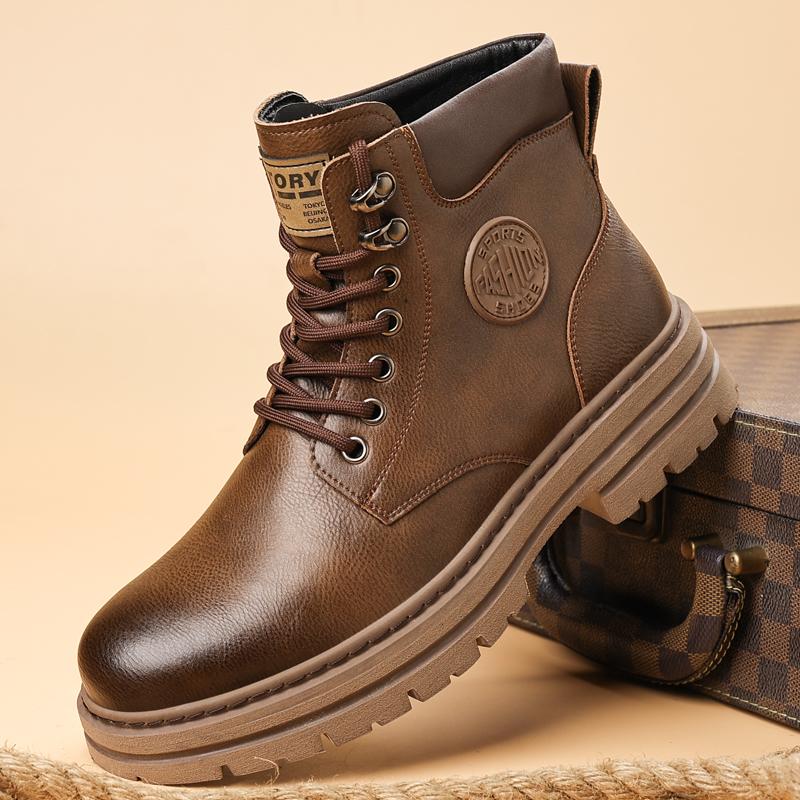 Nowość Męskie buty typu high-top Outdoorowe skórzane botki Modne sznurowane buty motocyklowe Antypoślizgowe męskie Zimowe pluszowe śniegowce