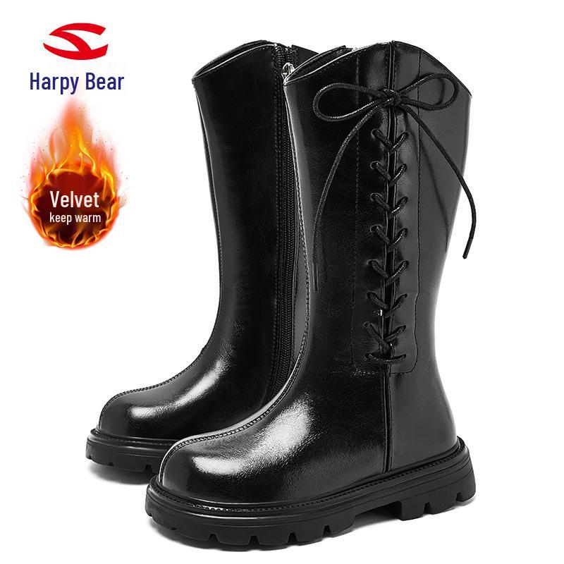 Happy Bear Plus Velvet High-Top Winter Boots for Girls, Two-Layer Cotton Leather, Warm Princess Shoes 28