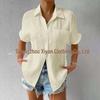 Women's Casual Raglan Sleeve Lapel Shirt with Spliced Pocket - Solid Color, Short Sleeves, 2025 Collection.