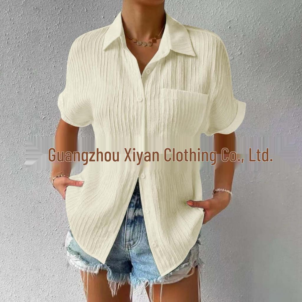 Women's Casual Raglan Sleeve Lapel Shirt with Spliced Pocket - Solid Color, Short Sleeves, 2025 Collection.