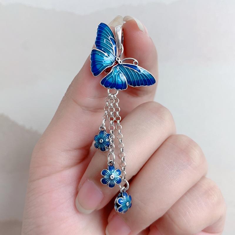 925 Sterling Silver Enamel Craft Butterfly Flower Fringed Pendant Retro Ethnic Style Collarbone Chain Blue Butterfly Pendant