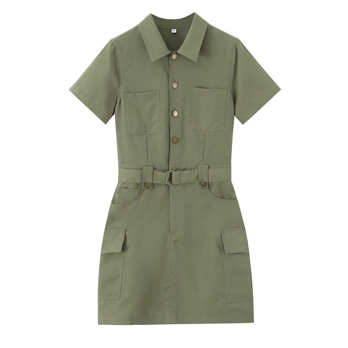 

Весеннее женское платье-спецодежда цвета милитари с коротким рукавом, 2025 XS
