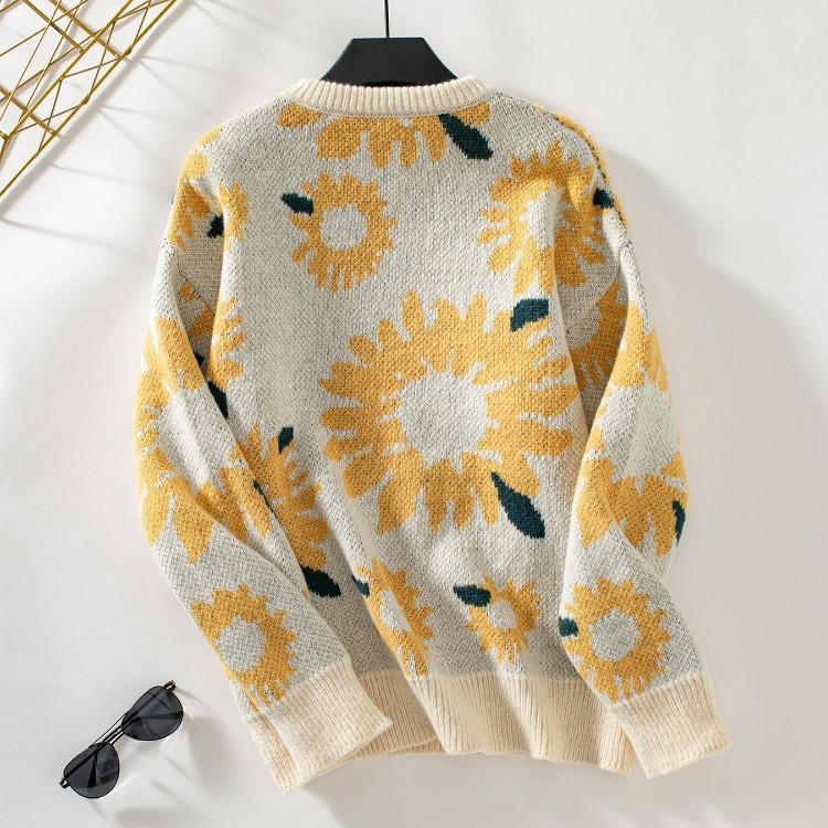 Vintage Print O Neck Knitwear Cardigan Loose Long Sleeve Sweater Autumn Winter Top