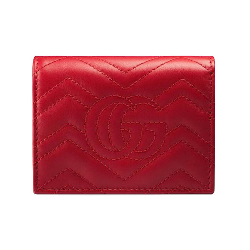 Gucci GG Marmont Series Marmont Gold Label Logo Bi-fold Flip Quilted Leather Card Holder Wallet Women's Red