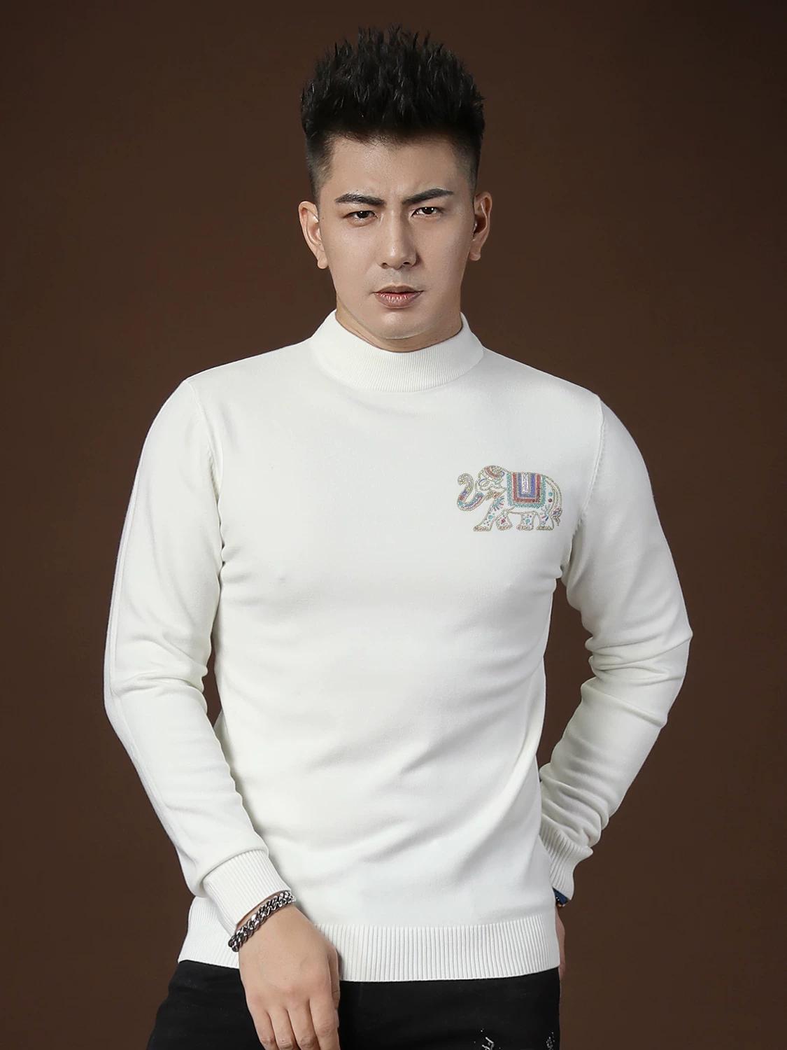 European Style Autumn and Winter New Half-Turtleneck Knit Sweater for Men, Trendy Rhinestone Embellished, Fleece-Lined and Thickened Sweater for Men 2XL