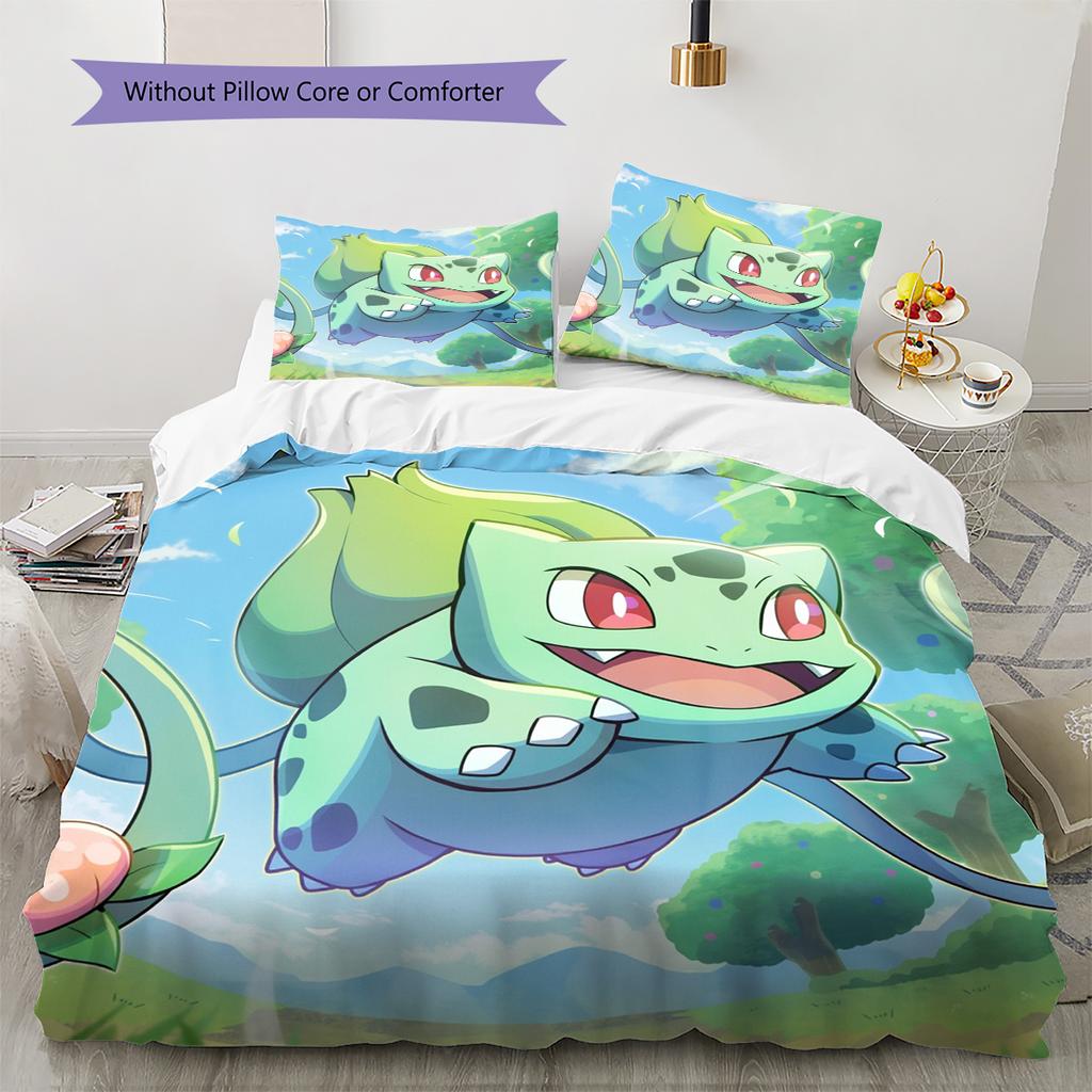 Pokémon Bulbasaur Pattern Bedding Home Decoration Birthday Gift (1 * Duvet Cover + 2 * Pillowcase, Without Core)