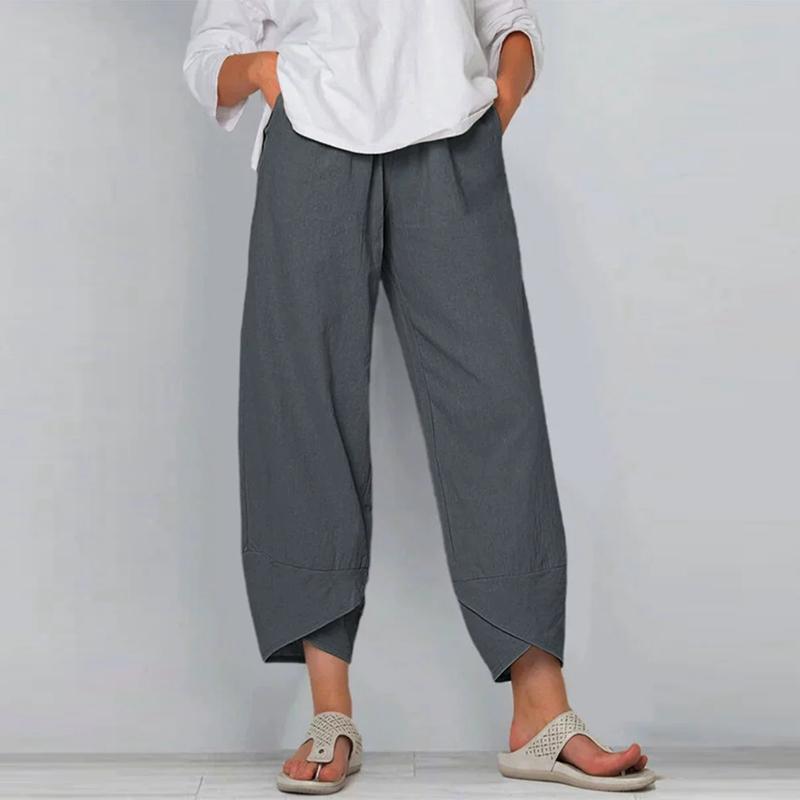 Women's Solid Color Loose Casual Cotton and Linen Elastic Waist Pants Cropped Pants Wide-leg Pants