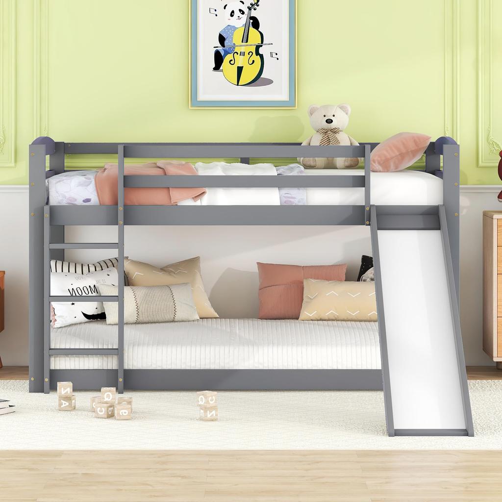 Children's Bed Loft Bed, Bunk Bed with Ladder and Slide, Bunk Bed with Slatted Frame and Fall Protection, Solid Wood Frame