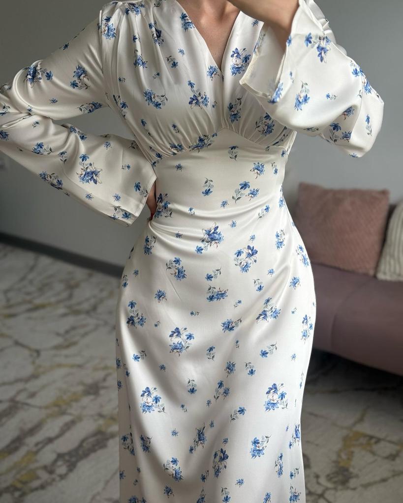 2025 Spring High-End French V-Neck Satin Print Swing Dress