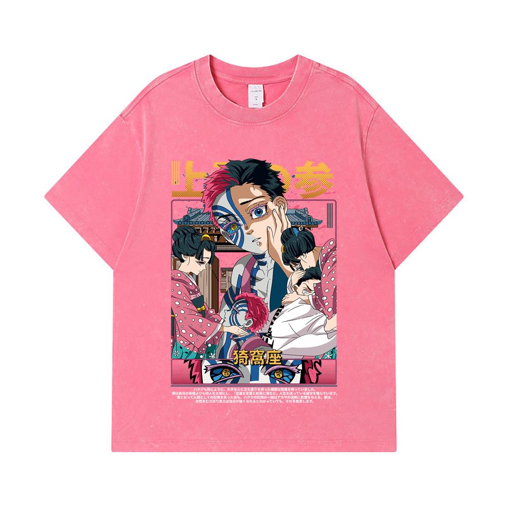 275 GSM Gewaschene T-Shirts 100% Baumwolle Demon Slayer V25 Akaza Aufdruck Unisex Schweres Baumwoll-T-Shirt