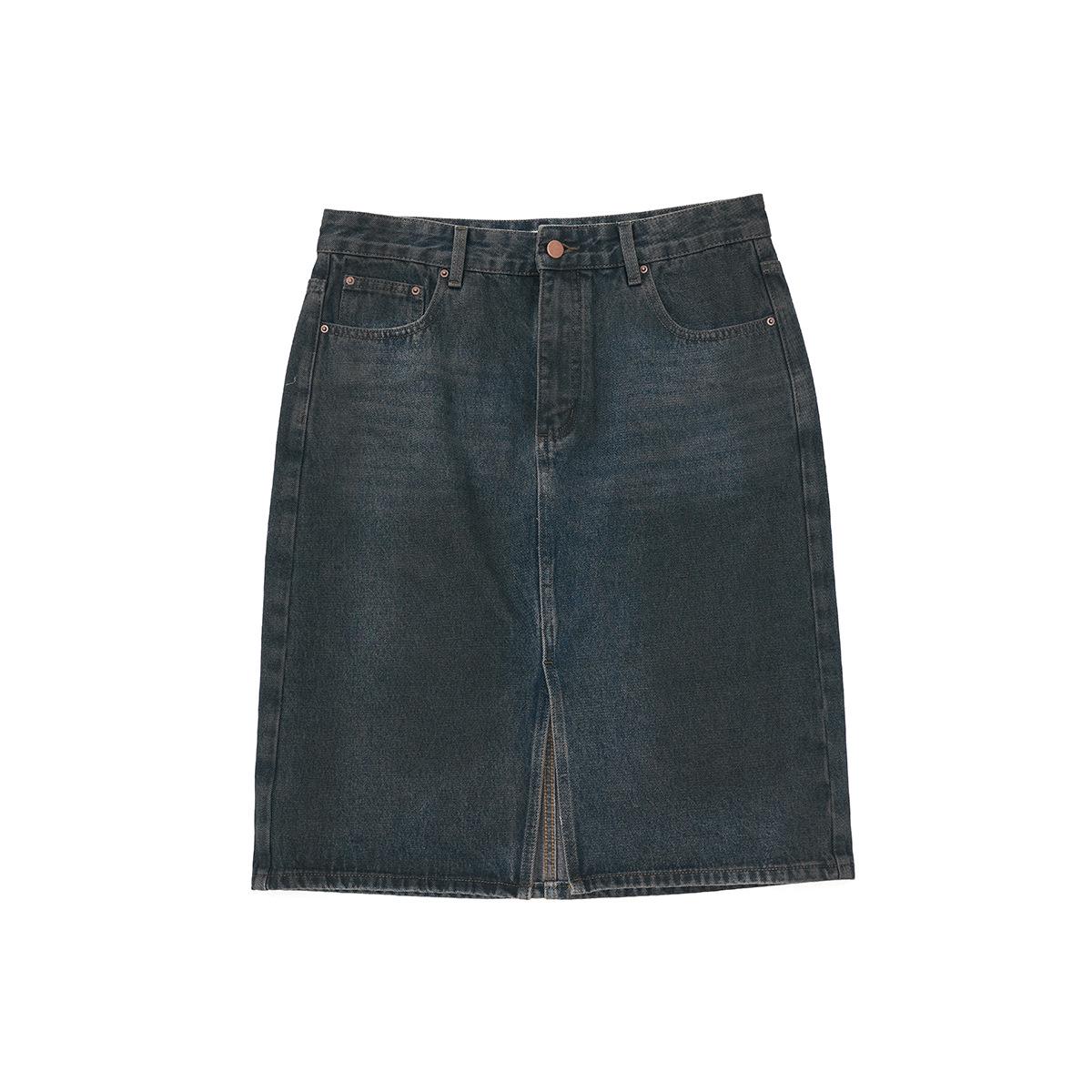 Spring Casual Distressed Frayed Slit A-line Denim Skirt for Women Medium синий