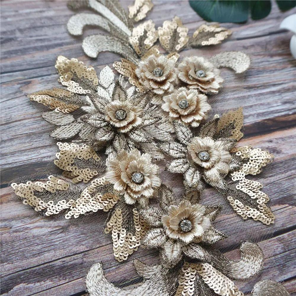 Rhinestone Embroidery Sew Patch 3D Flowers Lace Appliques Appliques Wedding Gown Appliques
