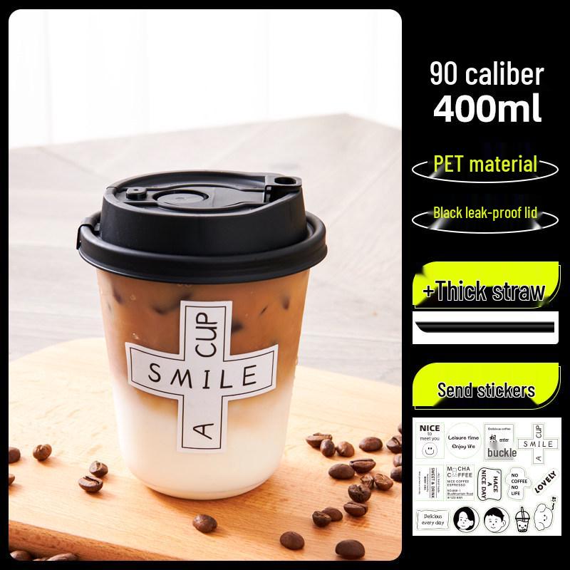 Transparent Disposable Coffee Cup with Lid, 90 Caliber, American Style for Cold Drinks, Milk Tea, Chubby Takeaway Cup