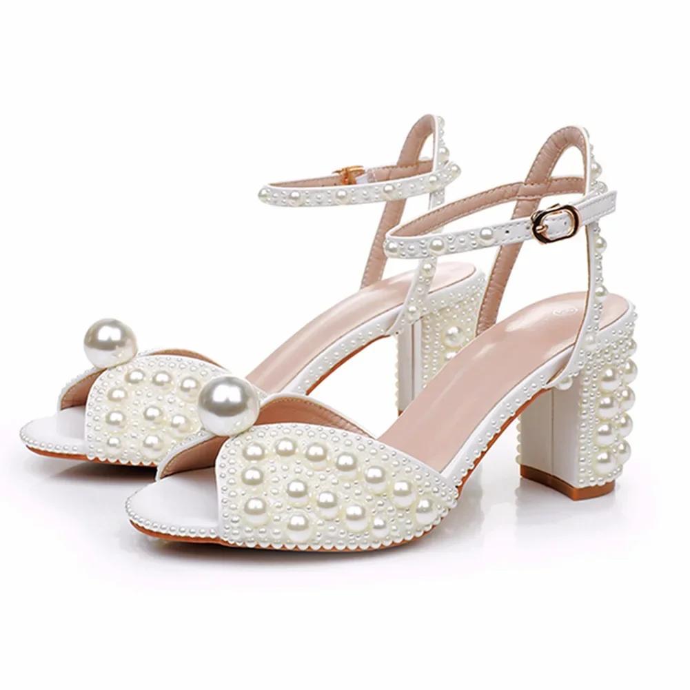 

High Heels Shoes Slip on Women Sandals Wedding Pumps 7CM Square Heel Simple White Bridal Gown Pearl Wedding Shoe Women Shoes 42 бежевий