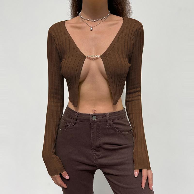 Knitted Cropped Sweaters Women Chain V Neck Long Sleeve Cardigan Tops Pullovers Oversized Clothes Solid S-L