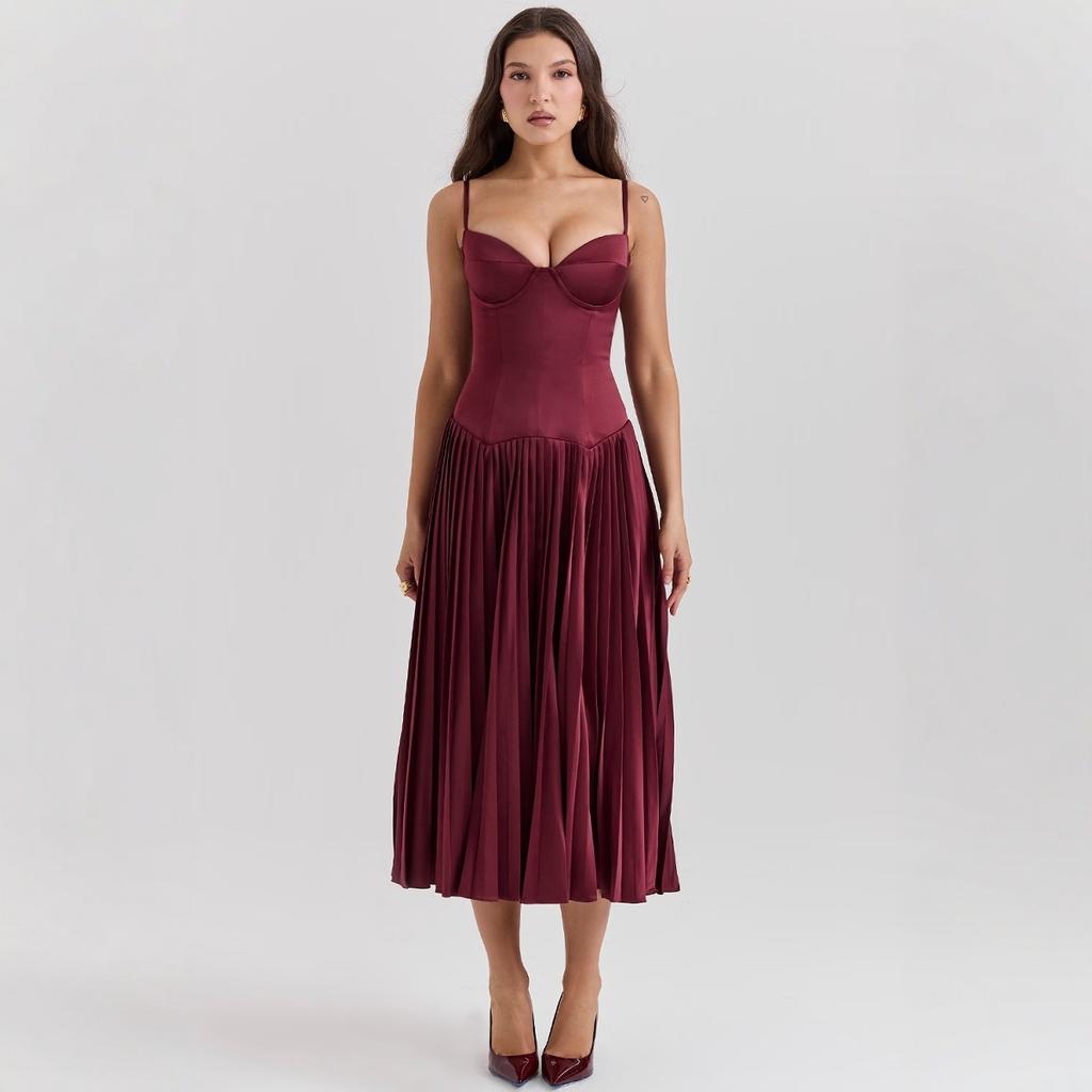 European and American Sexy Women's Clothing New Suspender Sleeveless Slim Dress Pleated Skirt Long Dress