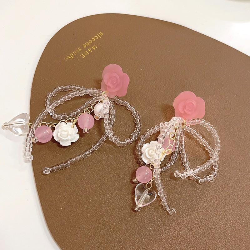 

S925 Silver Rose Bow Stud Earrings with Tassel Flowers