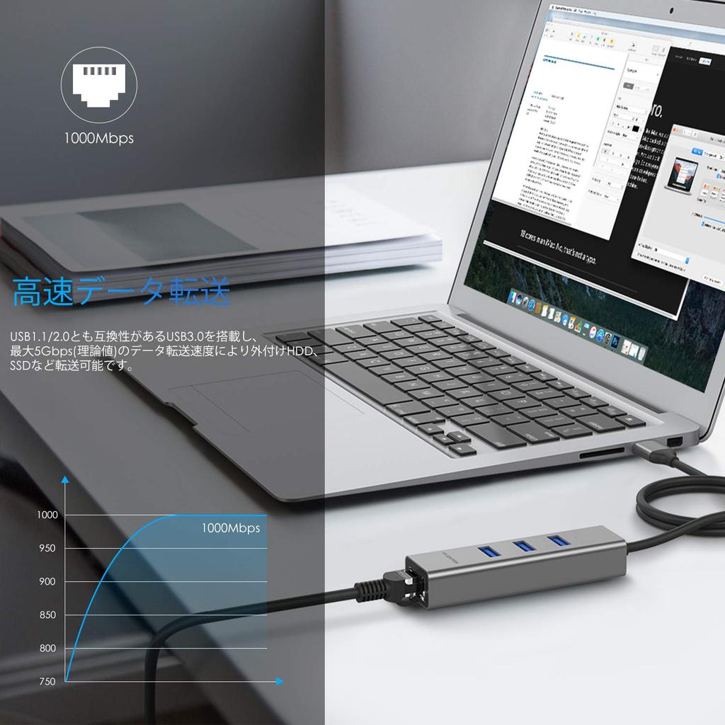 LENTION USB Hub Gigabit Compatible High Speed Adapter with Wired LAN Ethernet USB Expansion Surface Pro Compatible 10/100/1000Mbps 0.5m 3-Port USB3.0