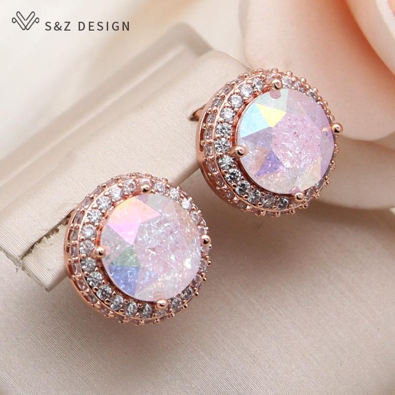 Mode Runde Ice Crack Kristall Tropfen Ohrringe Für Frauen Rose Gold Farbe Zirkonia Schmuck Geschenk