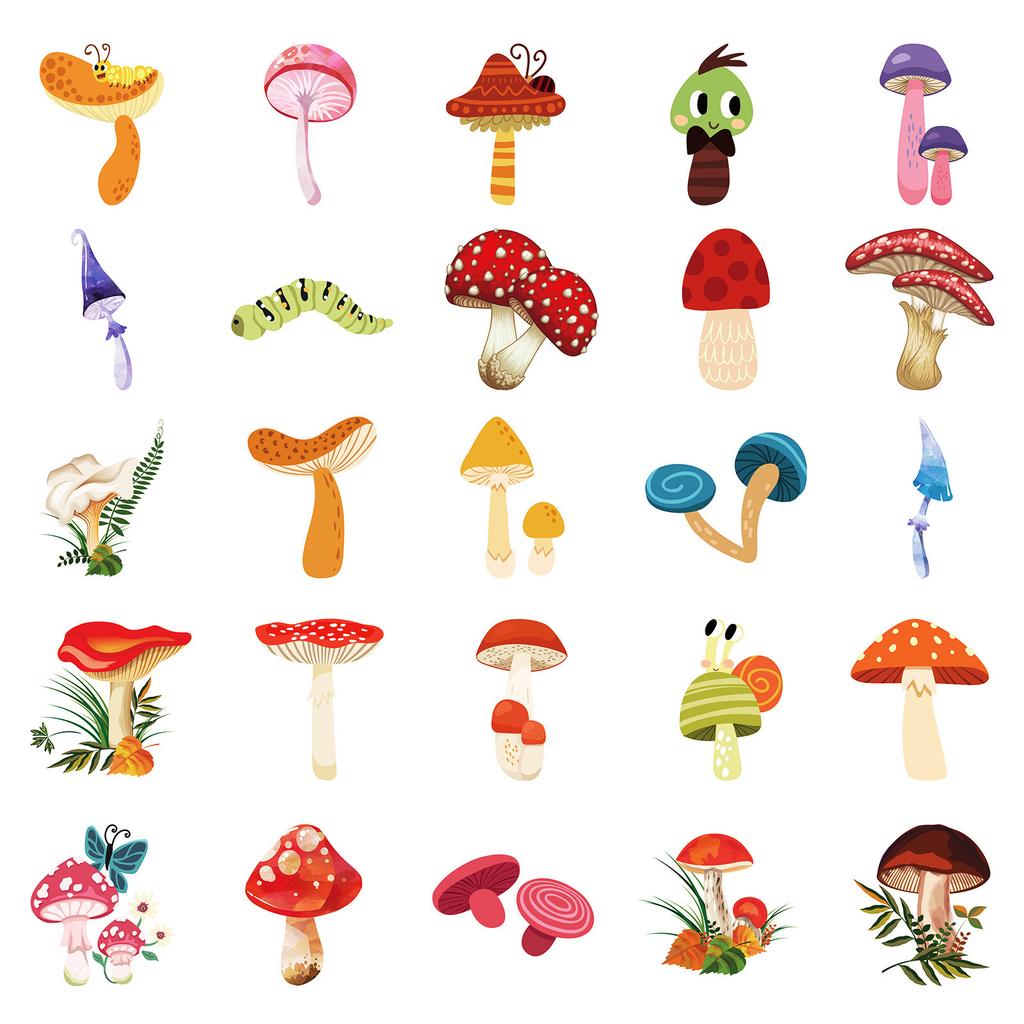 50PCS Mushroom Waterproof Stickers, Cute Decorative Decals for Laptop, Fridge & Notebook