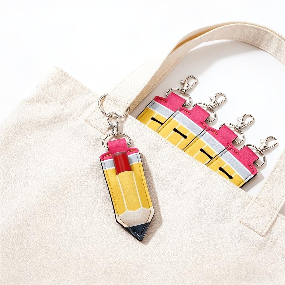 PU Leather Chapstick Key Chain Pouch Metal Pencil Shape Key Ring  Daily Hanging