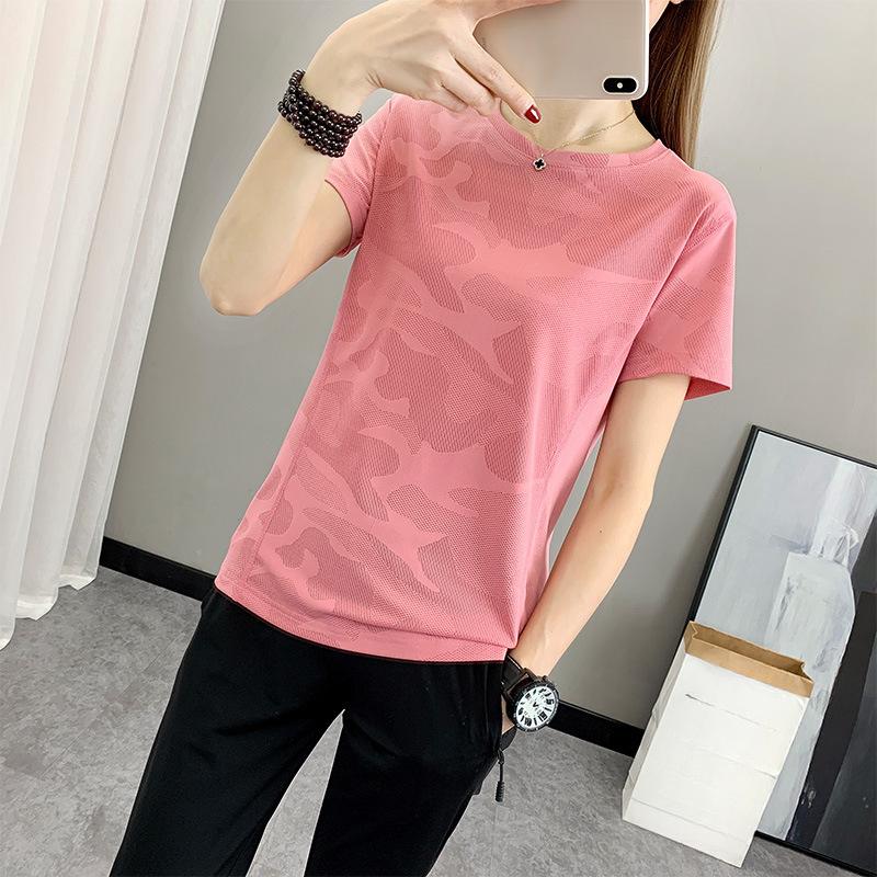 Women's Summer Yoga Slim Solid Colour Outdoor Sports Jacquard Quick Dry Round Neck T-Shirt